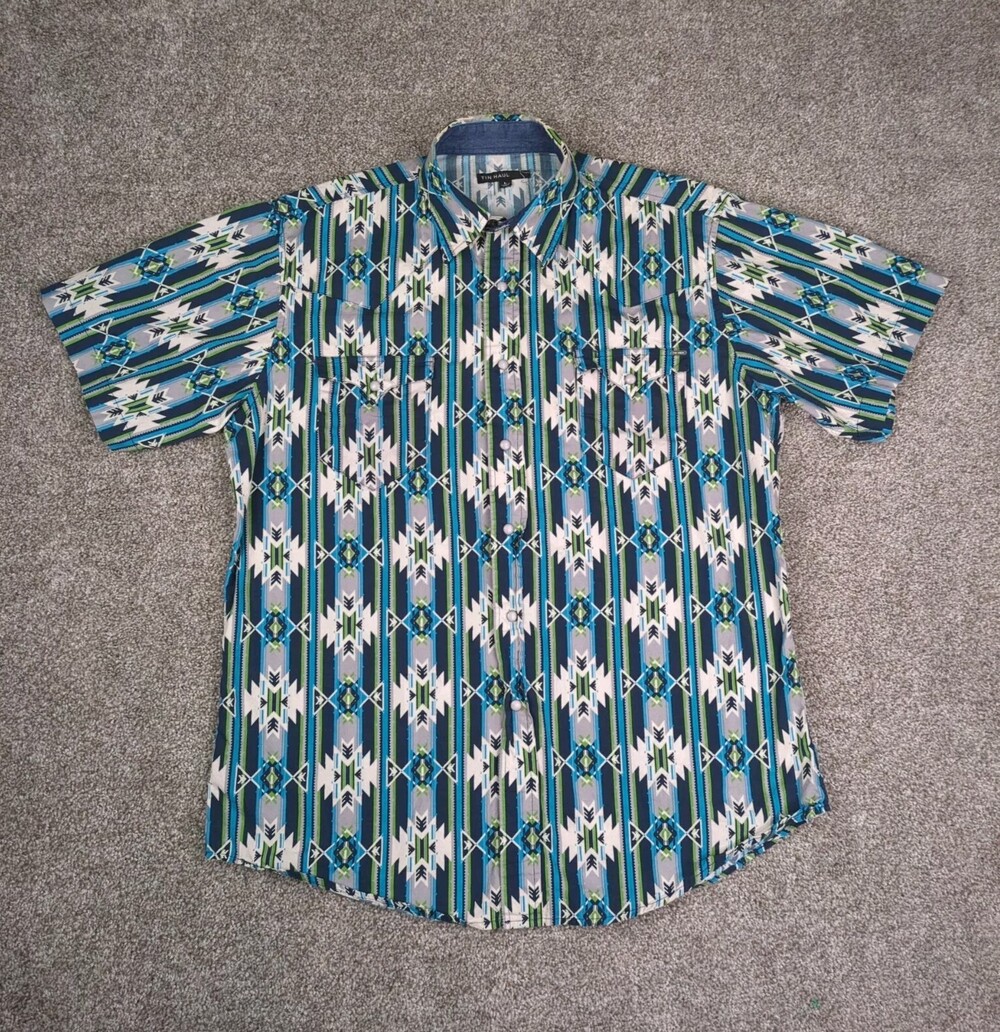 Tin Haul Shirt Men L Blue Western Aztec Southwestern Serape Pearl Snap Sawtooth